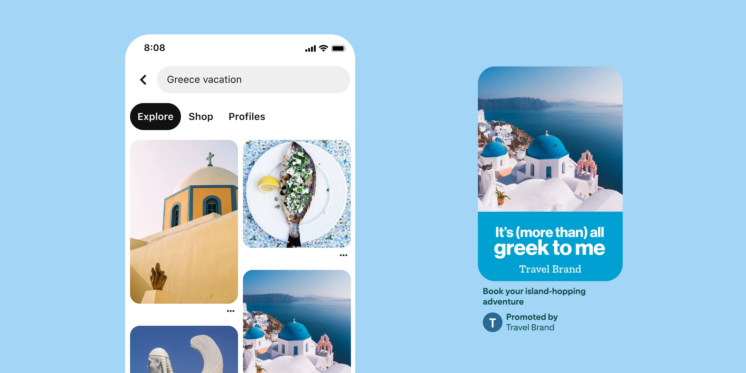 Pinterest search term for Greece vacation. View of a cathedral's dome with a cross on top over clear blue skies. Top view of a dish with a whole cooked fish topped with feta cheese and herbs. Top half of a statue with wings. Pin showcasing a panoramic view of Santorini, Greece. With the blue domed rooftops overlooking the sea. Text reads it’s (more than) all Greek to me. Description reads book your island-hopping adventure. 