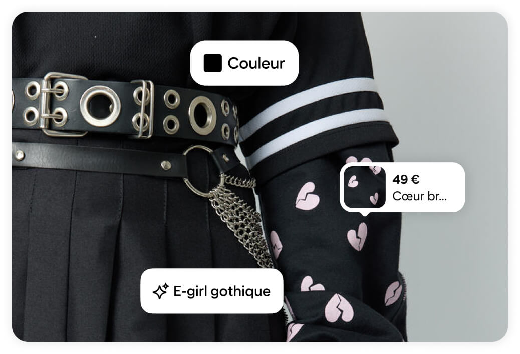 Une image de « e-girl gothique » met en avant une ceinture en cuir, une chemise avec des cœurs à 49 € et un look tout en noir.