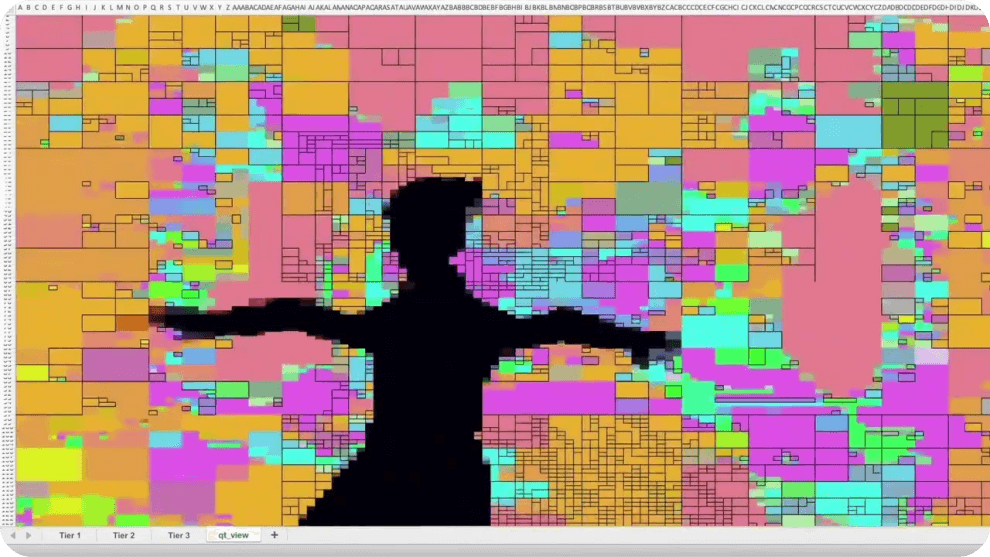A still from the Spotify campaign that shows a silhouette of a dancing woman in front of a colourful backdrop, all made out of spreadsheet cells.