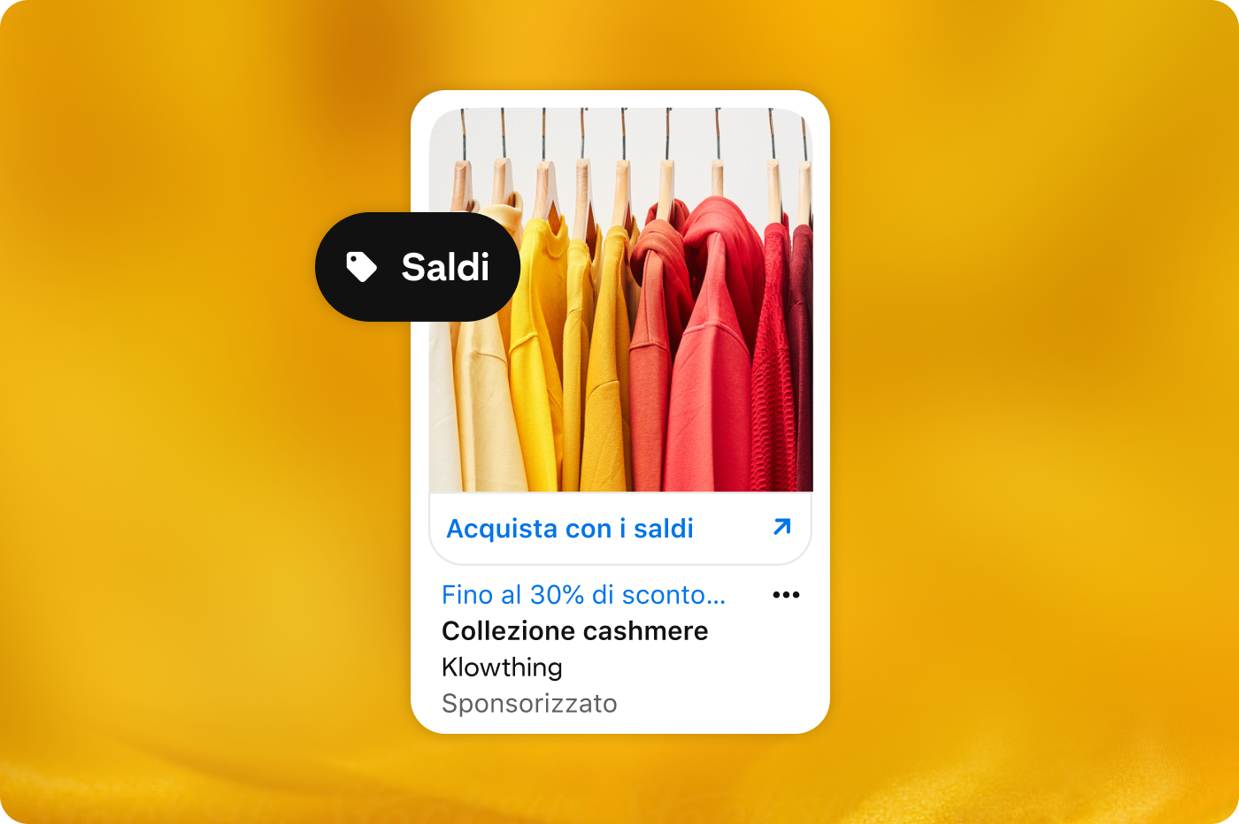 A Pinterest ad shows a rack of colorful winter coats against a yellow background. The ad includes an overlay of a sales tag icon. Below the image are details about a 30% off sale for a fictitious company called Klowthing.