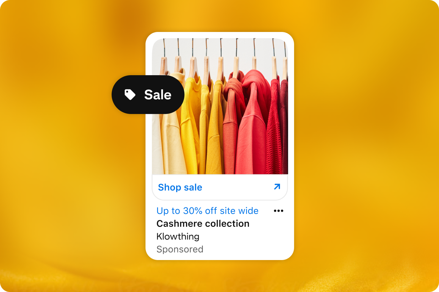 A Pinterest ad shows a rack of colourful winter coats against a yellow background. The ad includes an overlay of a sales tag icon. Below the image are details about a 30%-off sale for a fictitious company called Klowthing.
