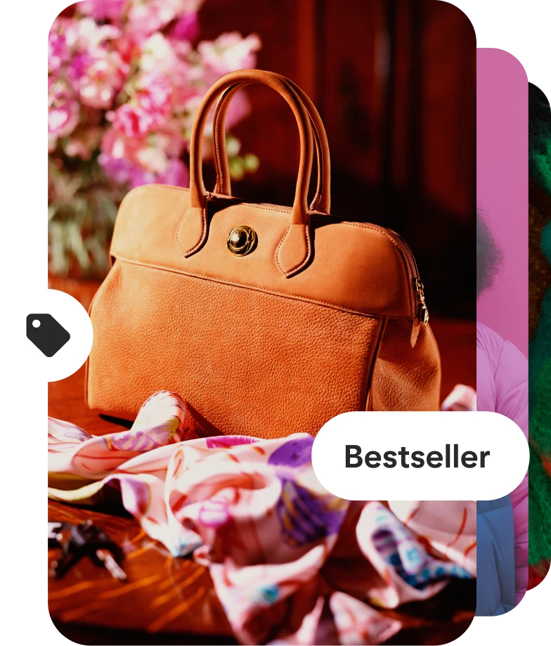 Bild eines Pins mit einer orangenen Handtasche auf einem roten Tisch sitzt, umgeben von Textilien. Im Vordergrund des Bildes ist das Pin-Logo links zu sehen, und rechts ein Button mit der Aufschrift „Bestseller“. 