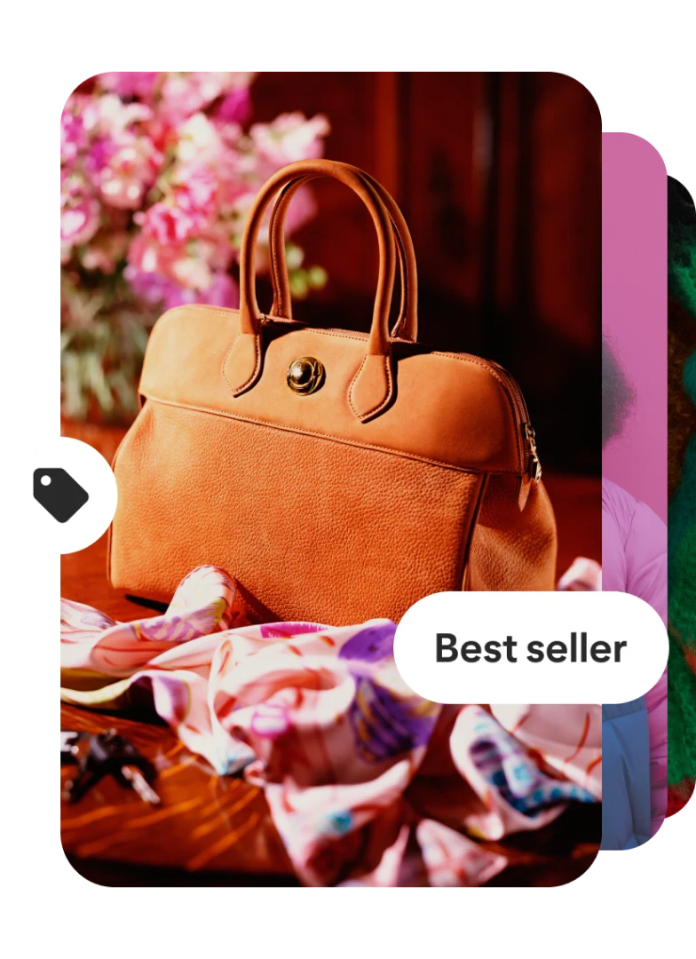 Image of pin displaying an orange handbag sitting on a red table, surrounded by lush fabrics. In the forefront of the image, the pin logo appears to the left and a button reading "Best seller" to the right. 