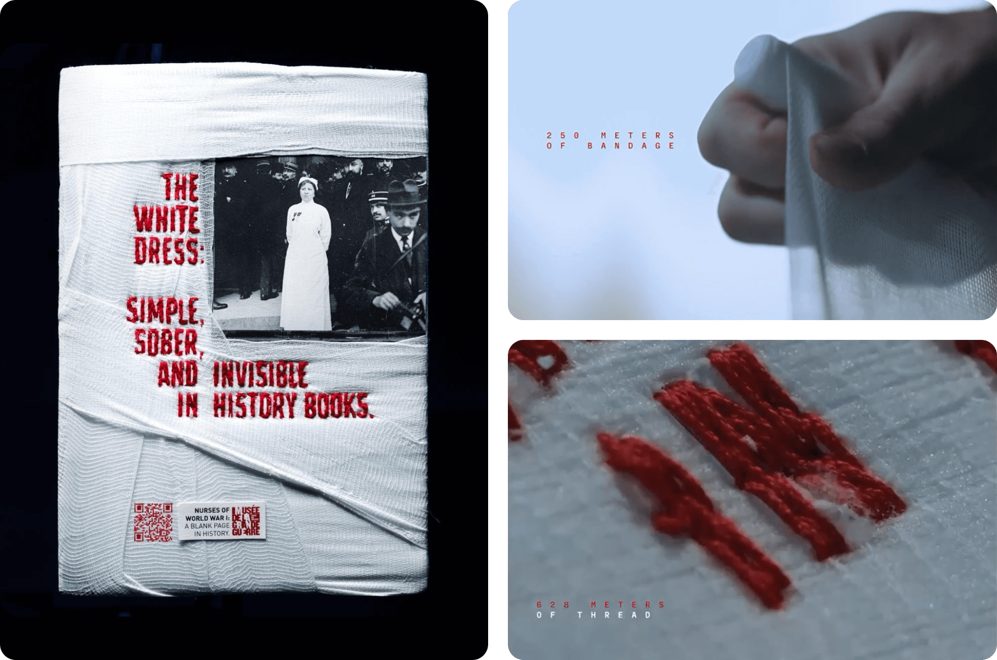 A photo of a WWI nurse wearing a white dress, surrounded by embroidered words. A photo of hand unwrapping gauze. A close up of red thread, stitched onto white gauze.