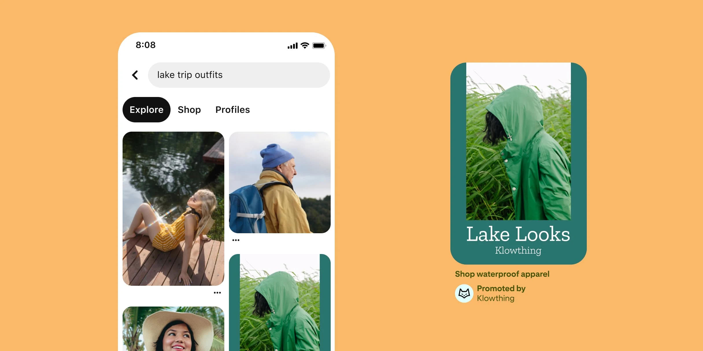 Pinterest search term for ‘lake trip outfits’. A white woman in a yellow playsuit is sitting on a dock. An older white man wearing a blue beanie and a yellow jacket is looking out at the horizon. A brunette woman with a sunhat. A Pin showcasing a person in a green raincoat with the hood over their head, walking in a grass field. The text on the image reads, ‘Lake looks’. The description underneath reads, ‘Shop waterproof clothing’.