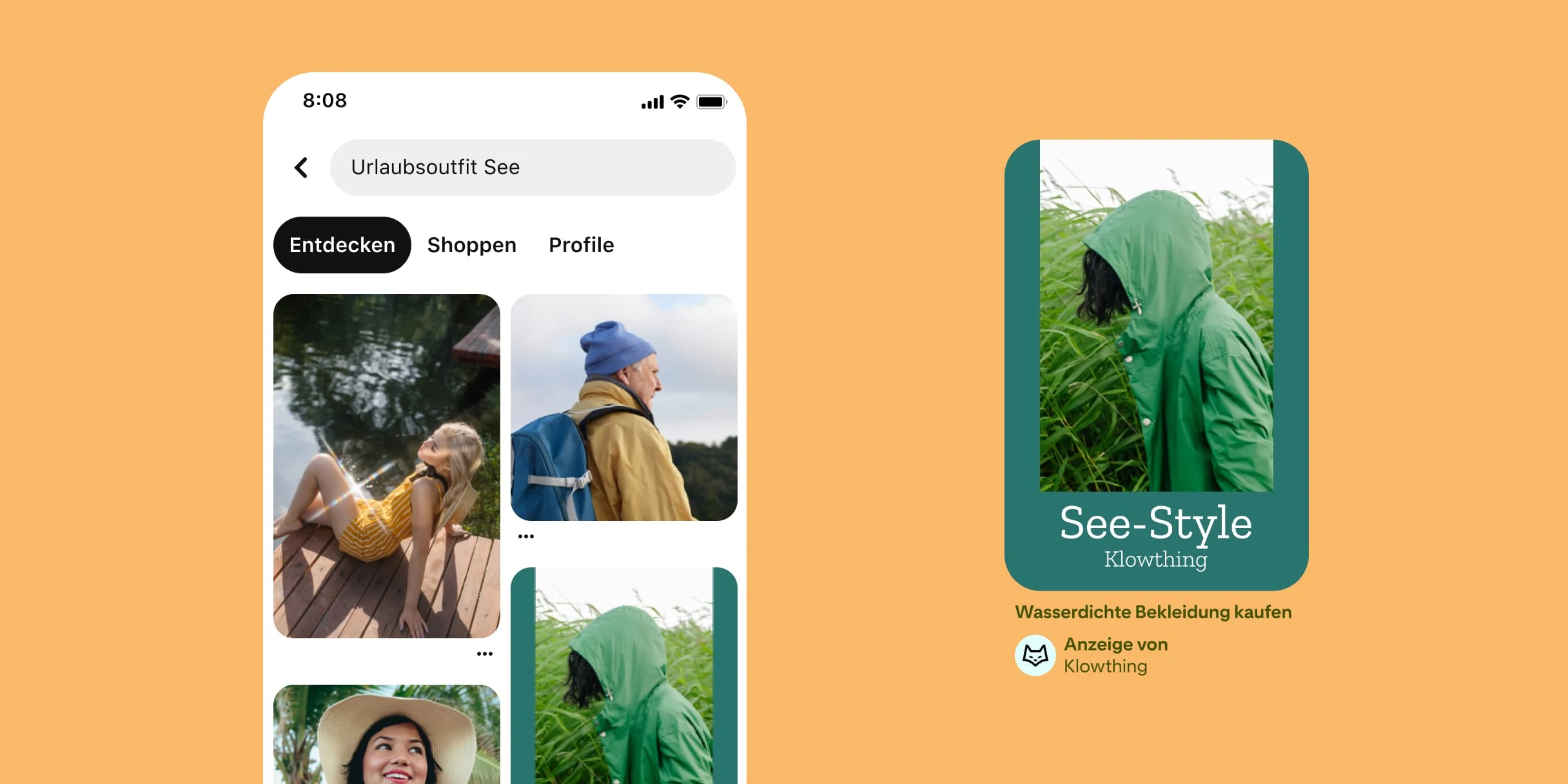 Pinterest-Suchergebnisse für „Urlaubsoutfit See“. Eine weiße Frau in einem gelben Overall sitzt auf einem Steg. Ein älterer weißer Mann mit einer blauen Mütze und einer gelben Jacke blickt in die Ferne. Eine brünette Frau mit einem Sonnenhut. Ein Pin mit einer Person in einem grünen Regenmantel. Sie trägt die Kapuze auf dem Kopf und läuft über ein Feld mit hohem Gras. Darunter der Text „See-Style“. Die Beschreibung lautet „Wasserdichte Bekleidung kaufen“.