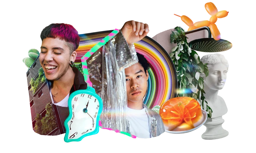 Collage featuring one person with dual-toned hair and another person wearing a shiny, fringe jacket surrounded by a random assortment of graphics that will be used throughout the trends report.