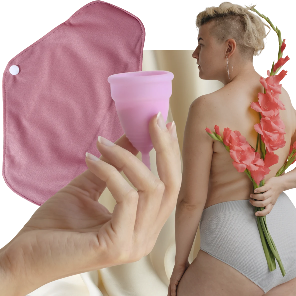 Mão de pessoa de pele branca segurando um coletor menstrual rosa. À esquerda, absorvente de pano rosa. À direita, mulher branca com cabelo loiro curto segura flores cor-de-rosa atrás das costas.