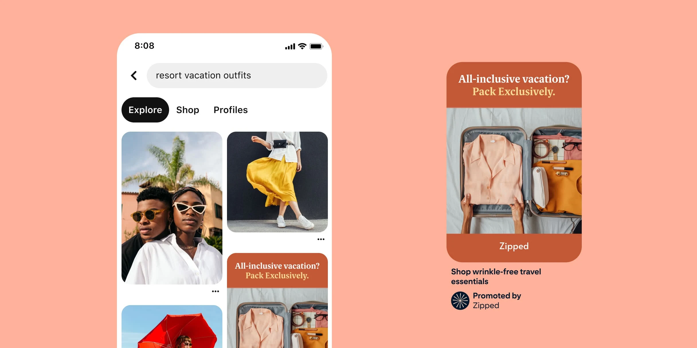 Pinterest search results for resort vacation outfits. Black man in black shirt, Black woman in white shirt in shades. Adobe resort and palm tree in background. White woman in flowing yellow skirt. White woman with red umbrella. Pin of brown hands placing a folded pink blouse into a suitcase, glasses, watch and pen on the other side. Text reads all-inclusive vacation? Pack exclusively. Description reads shop wrinkle-free travel essentials.