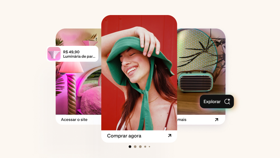 Exemplo de anúncio vibrante do Pinterest com uma mulher alegre de chapéu verde, uma luminária de parede rosa elegante com etiqueta de preço e um rádio retrô azul-petróleo, destacando como é fácil e inspirador montar uma loja e ter sucesso no Pinterest.