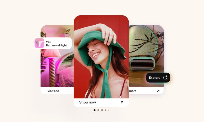 Vibrant mock Pinterest ads featuring a joyful woman in a green hat, a stylish pink rattan wall light with price tag, and a retro teal radio, highlighting how easy and inspiring it is to set up shop and succeed on Pinterest.
