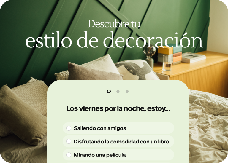 Un anuncio con cuestionario en el que se pregunta a los usuarios cómo pasan las noches de viernes para ayudarlos a descubrir sus estilos de decoración favoritos.