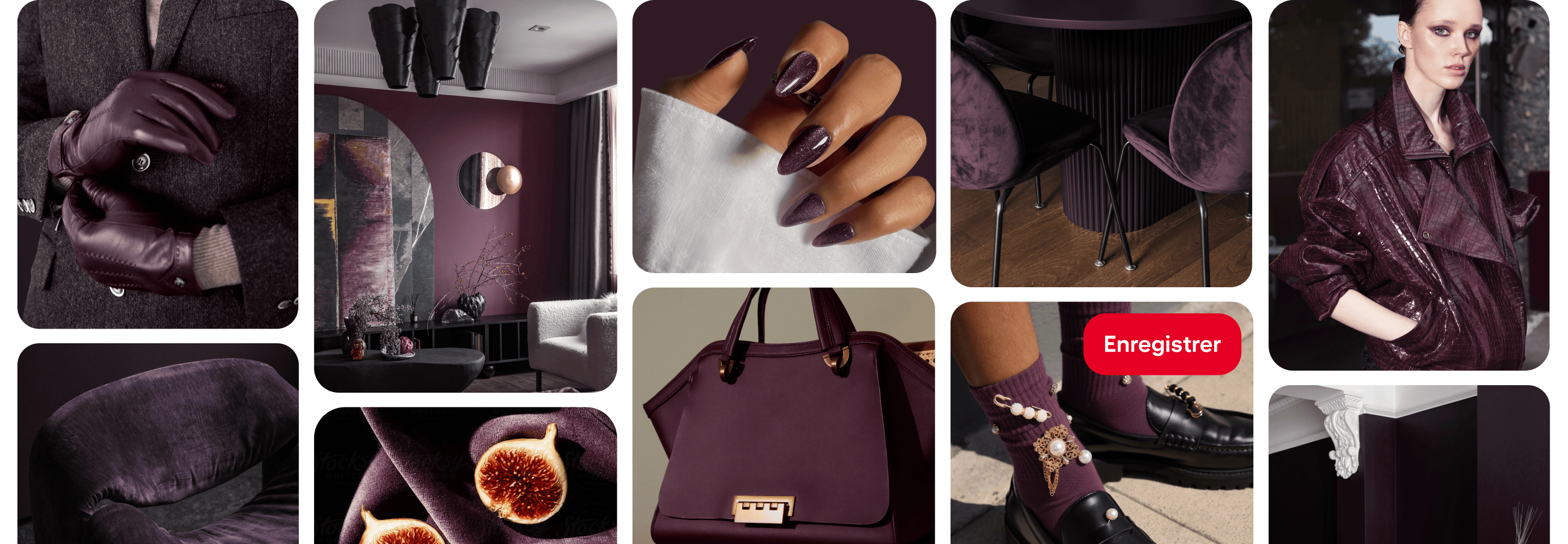 Grille d’Épingles avec des articles violet foncé, dont des gants, des chaises, des figues, une manucure, des chaussettes, du rouge à lèvres et des murs.