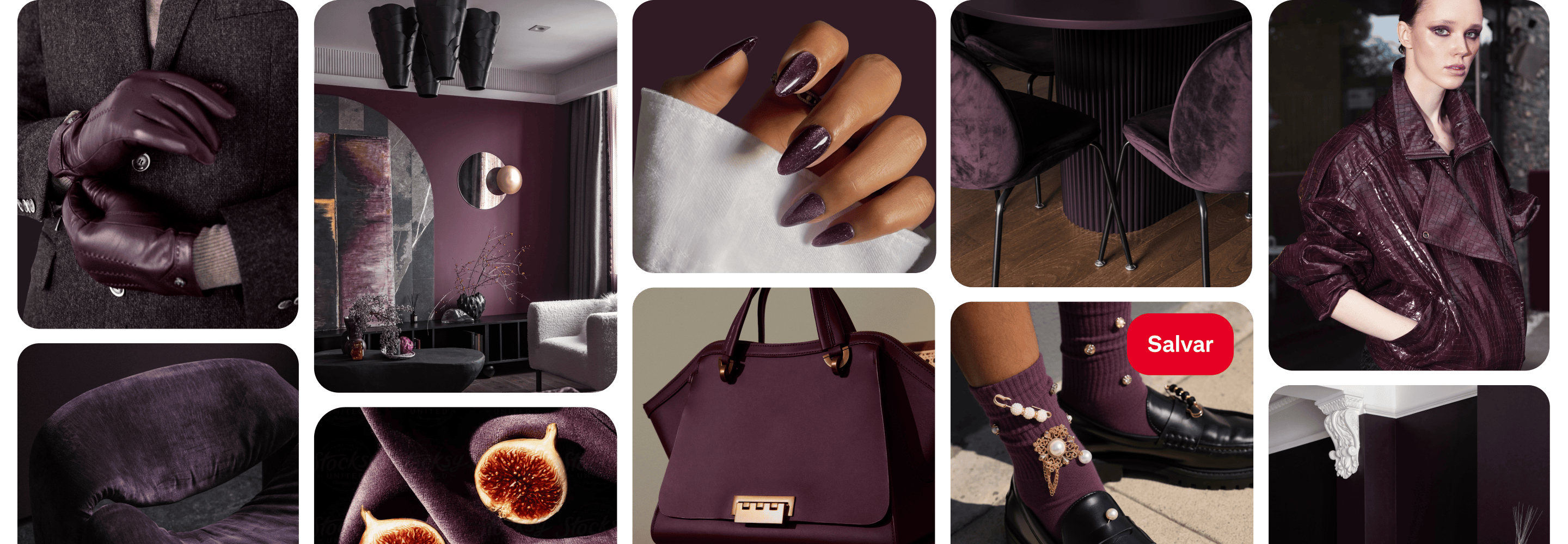 Grade de Pins com itens em roxo-escuro, incluindo luvas, cadeiras, figos, unhas pintadas, meias, batons e paredes.