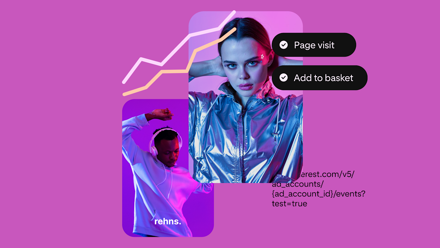 A Pin for headphones worn by a Black man in a grey hoodie who is dancing and a Pin for a metallic jacket worn by a white woman. The Pins are on a pink background. There is a 'Page visit' button and an 'Add to cart' button.