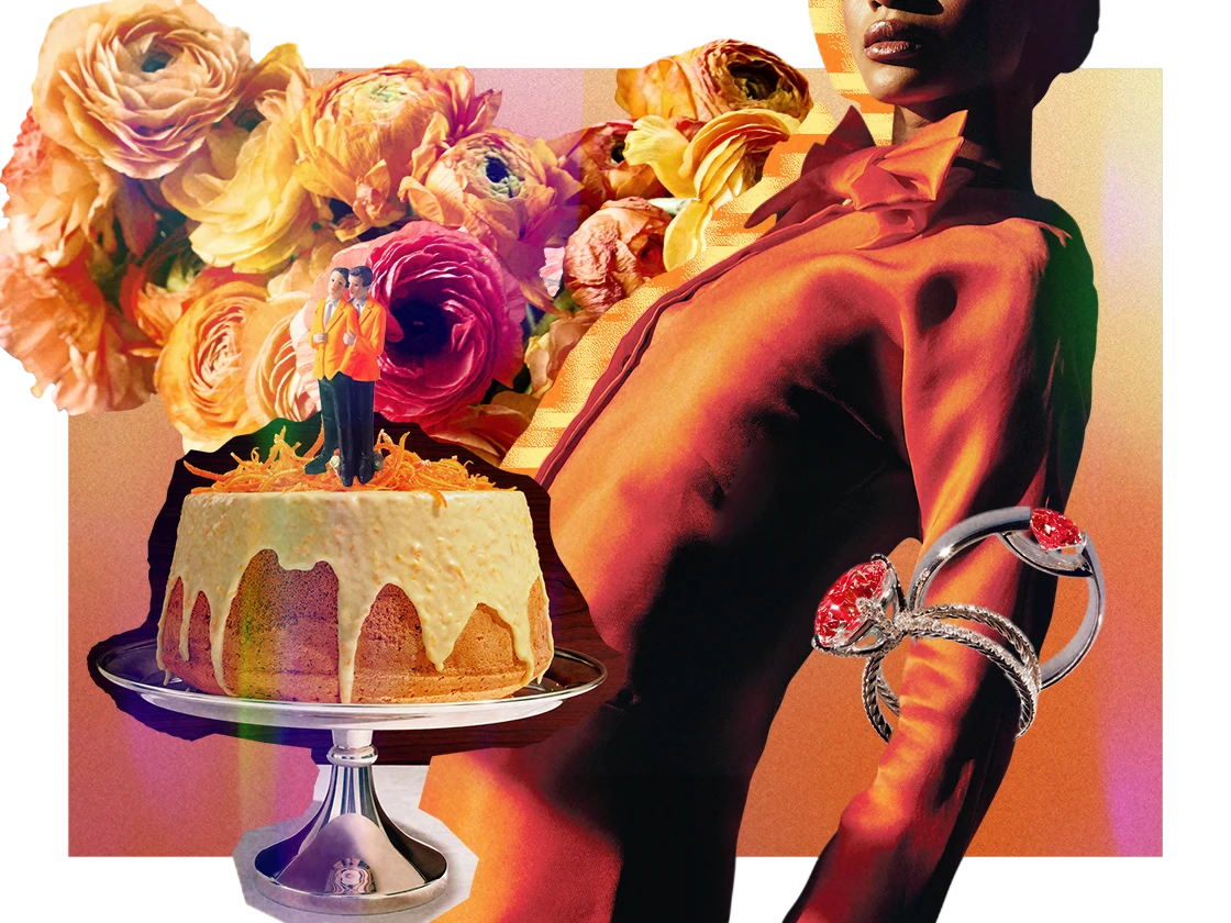 Mujer negra vestida con un abrigo color naranja rojizo de botones hasta el cuello y moño, en collage con objetos de boda como una tarta de bodas, flores y anillos.