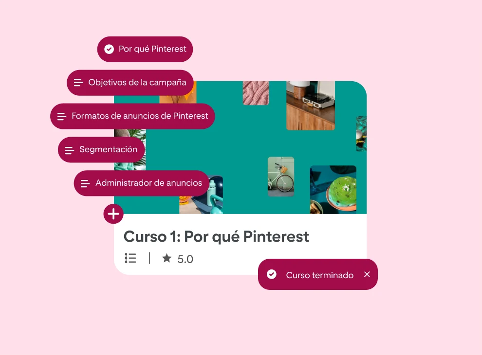Una versión simplificada de la pantalla del curso de Pinterest Academy llamado “Curso 1: Por qué Pinterest” con 6 burbujas de texto apiladas del lado izquierdo, todas con diferentes lecciones del curso. 