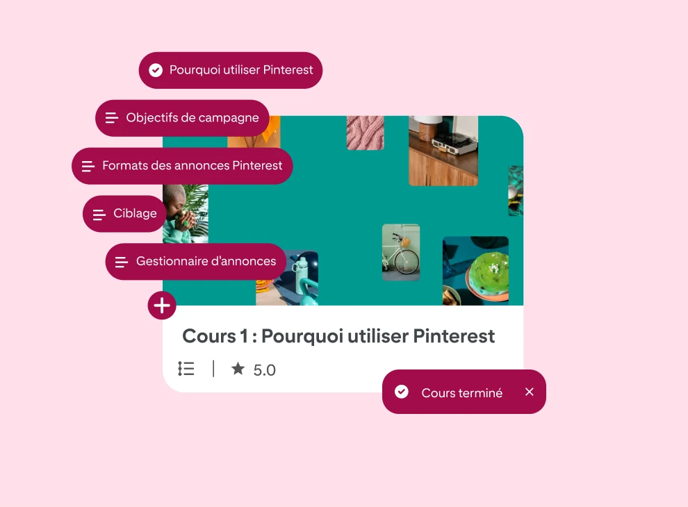 Version simplifiée de l’écran du cours de la Pinterest Academy intitulé « Cours 1 : Pourquoi utiliser Pinterest » avec 6 bulles de texte le long du côté gauche, contenant le titre des différentes leçons du cours. 