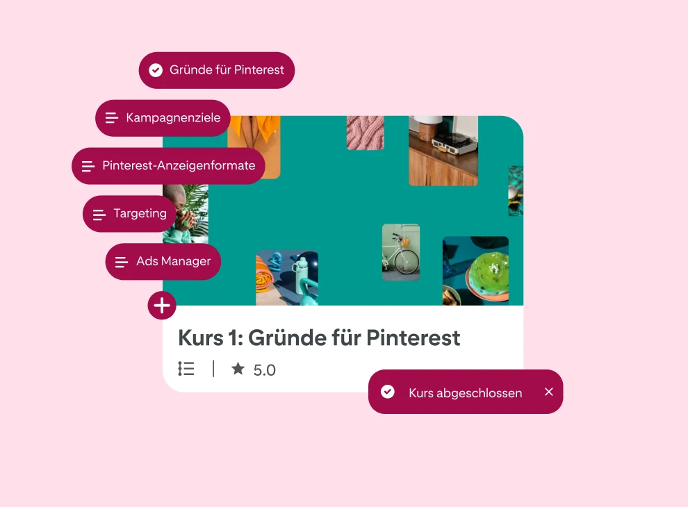 Eine vereinfachte Version des Pinterest Academy Kursbildschirms mit dem Titel „1.: Gründe für Pinterest” mit 6 Textblasen auf der linken Seite, die alle verschiedene Lektionen des Kurses anzeigen. 