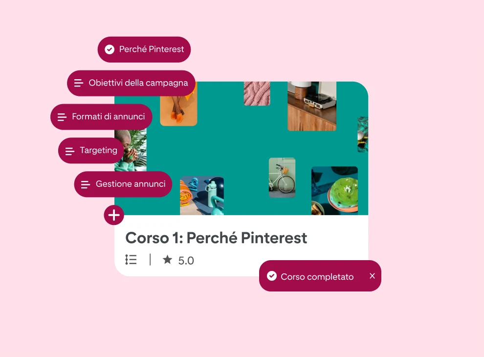 Una versione semplificata della schermata del corso Pinterest Academy intitolata "Corso 1: Perché Pinterest" con 6 fumetti allineati sul lato sinistro, tutti con lezioni diverse del corso. 
