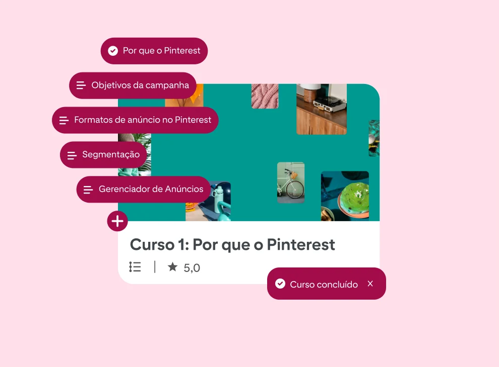 Uma versão simplificada da tela do curso do Pinterest Academy, chamado “Curso 1: Por que o Pinterest”, com 6 balões de texto dispostos verticalmente no lado esquerdo, mostrando as diferentes lições do curso. 