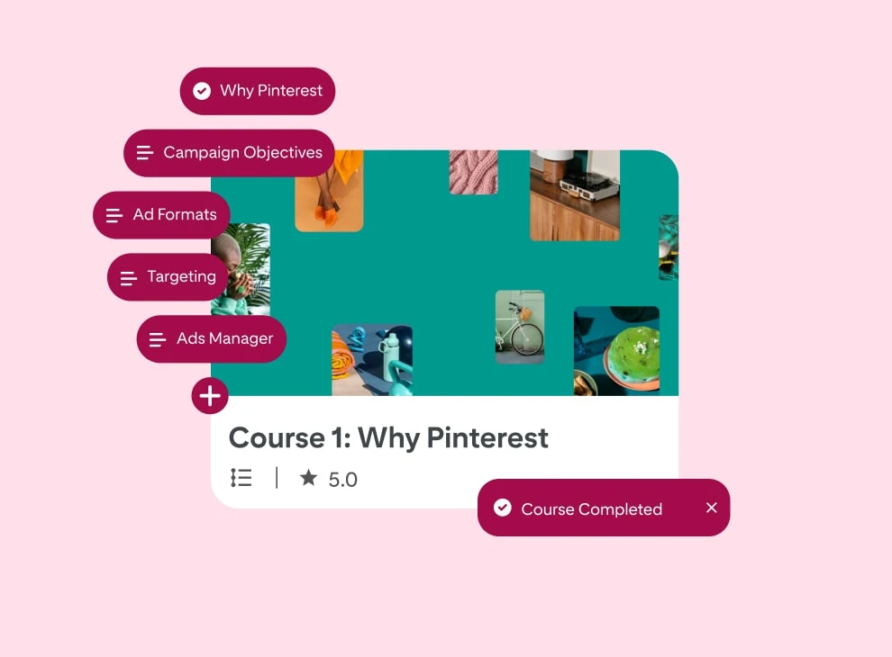 A simplified version of the Pinterest Academy course screen with five text bubbles stacked along the left-hand side and one at the bottom, all featuring different lessons from the course, with the text: ‘Course 1: Why Pinterest’ underneath. 