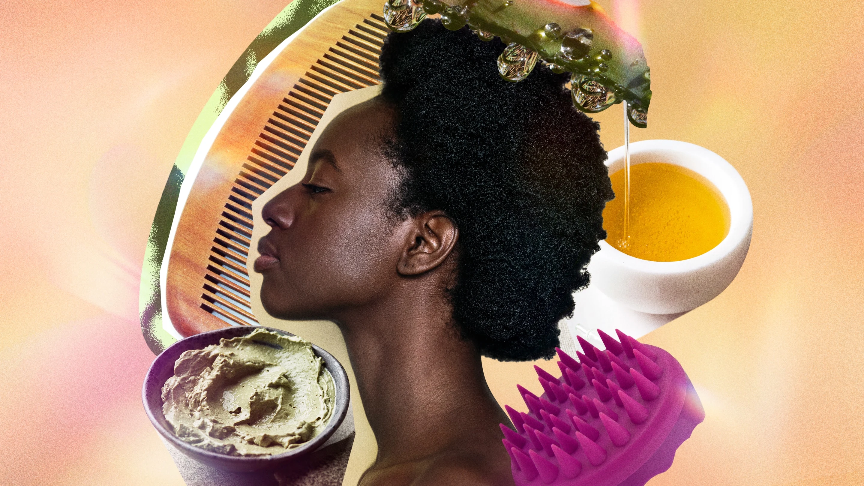 Una mujer negra con cabello crespo centrada entre varias herramientas para el cuidado del cuero cabelludo como peines, cepillos para el cuero cabelludo y aceites y máscaras hidratantes. 