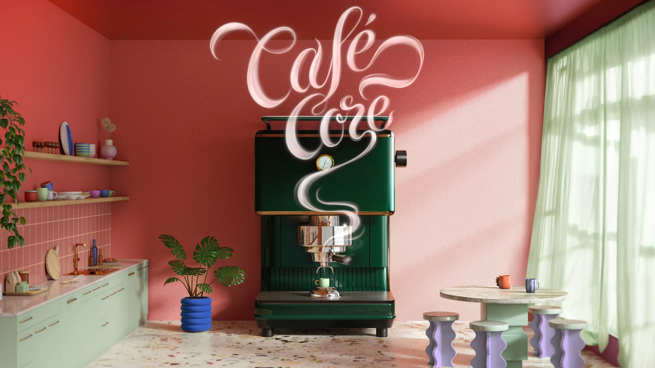A green, oversized espresso machine is positioned in front of a mauve wall with exposed shelves. ‘Cafécore’ is written out in elegant smoke. 