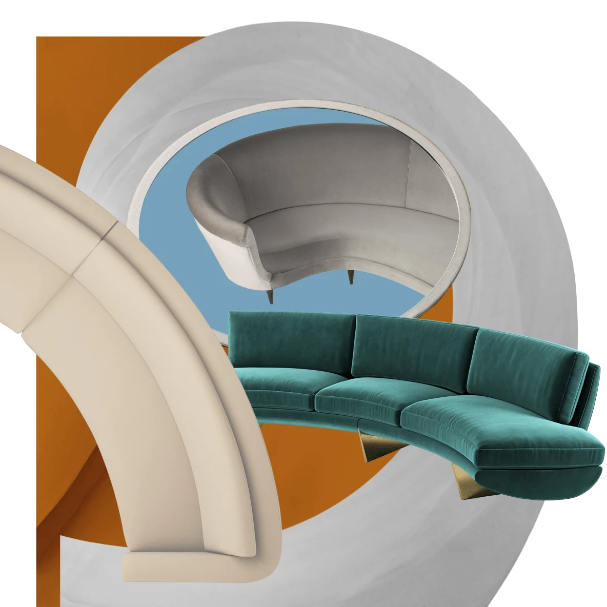 Colagem de itens em forma de curva. Um sofá verde de três lugares e um sofá cinza. Colunas cinza e marrom em espiral envolvem os itens.
