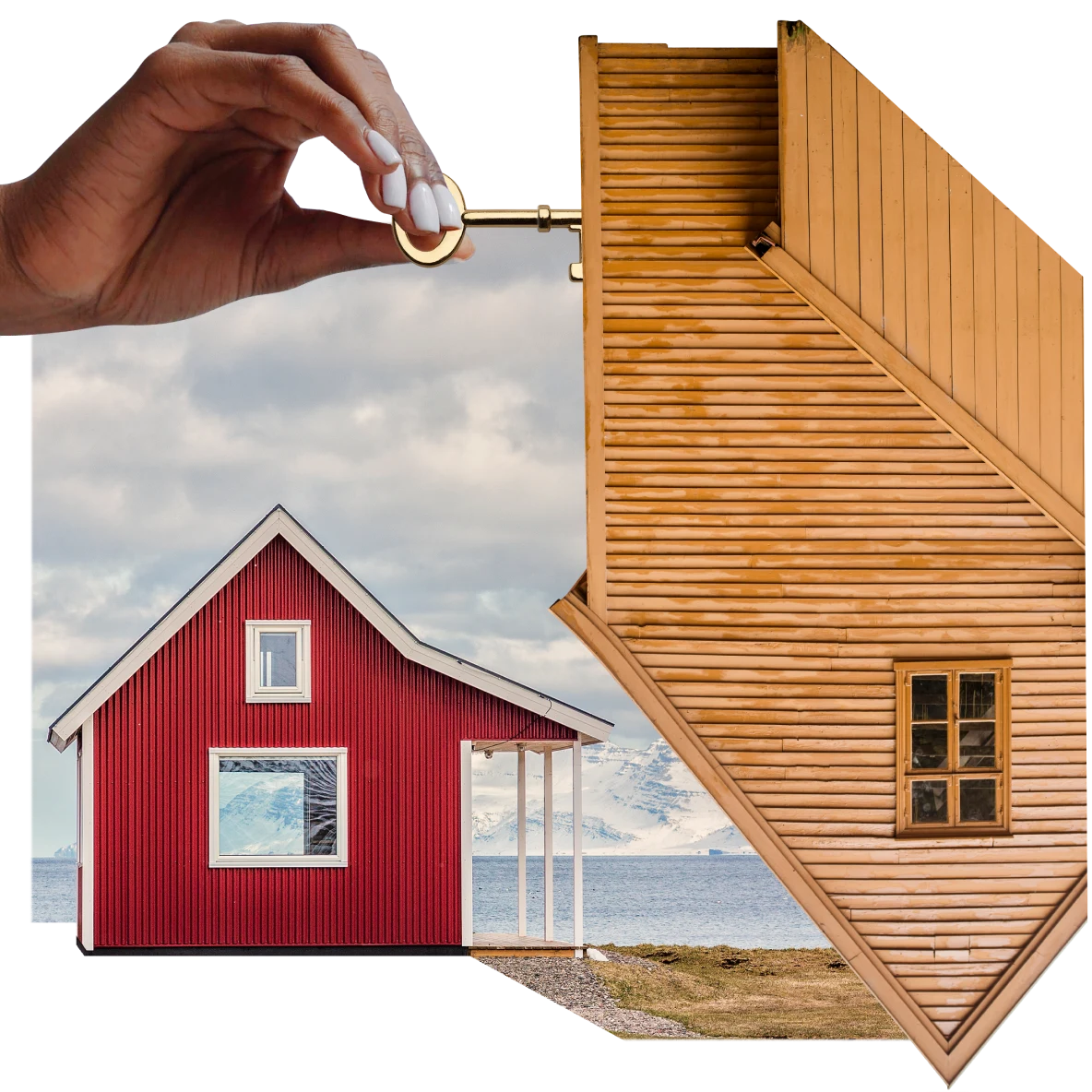 Collage of realty themes. Black hand turns the key to an upside-down wooden house. Red A-frame house with a porch in the background next to a lake, snowy mountains and blue sky in the distance. 