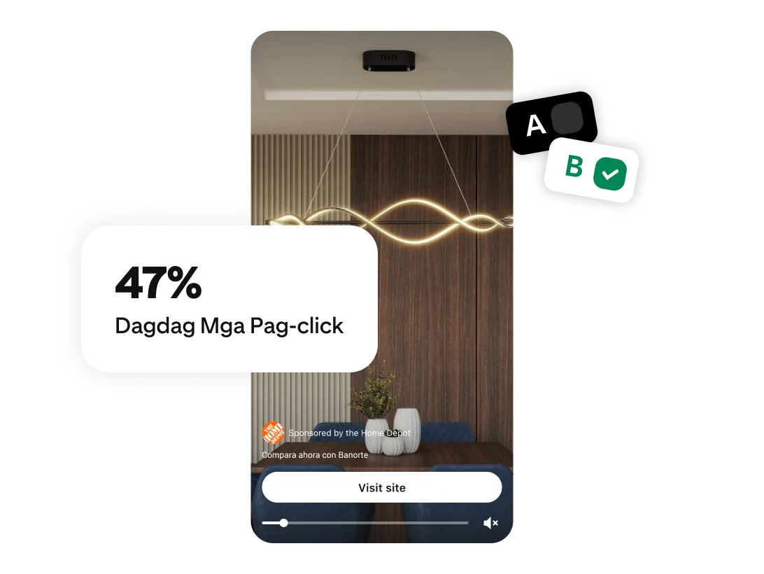 Screen ng smartphone na nagpapakita ng gintong wavy na pendant light na may link na bisitahin ang site at A/B test at label na 47% mas marami ang pag-click