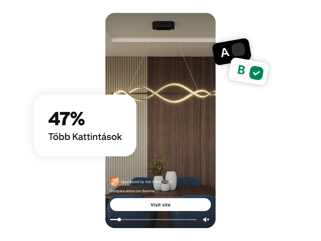 Okostelefon-képernyő, amelyen egy arany színű, hullámmintás függőlámpa látható, „webhely megnyitása” linkkel, valamint „A/B tesztelés” és „47%-kal több kattintás” feliratokkal