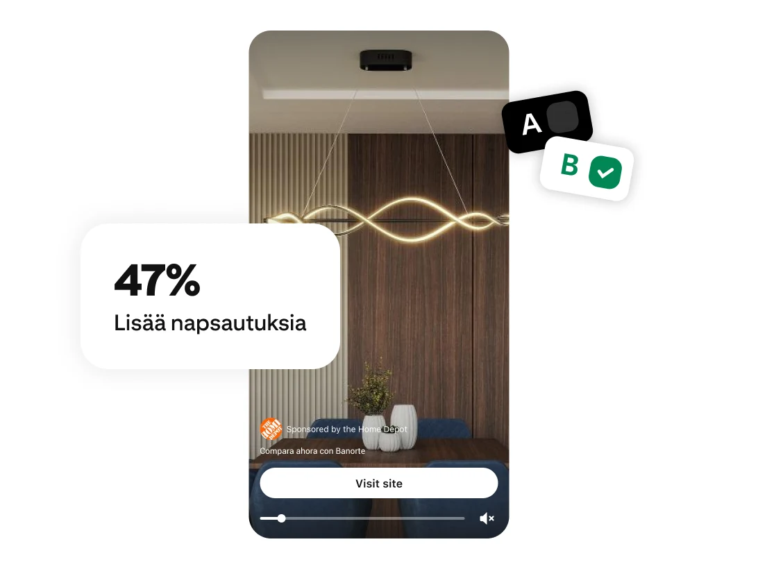 Älypuhelimen näyttö, jolla on laineikas kullanvärinen riippuvalaisin, linkki sivustolla vierailuun sekä A/B-testi ja 47 % suuremman napsautusmäärän selite