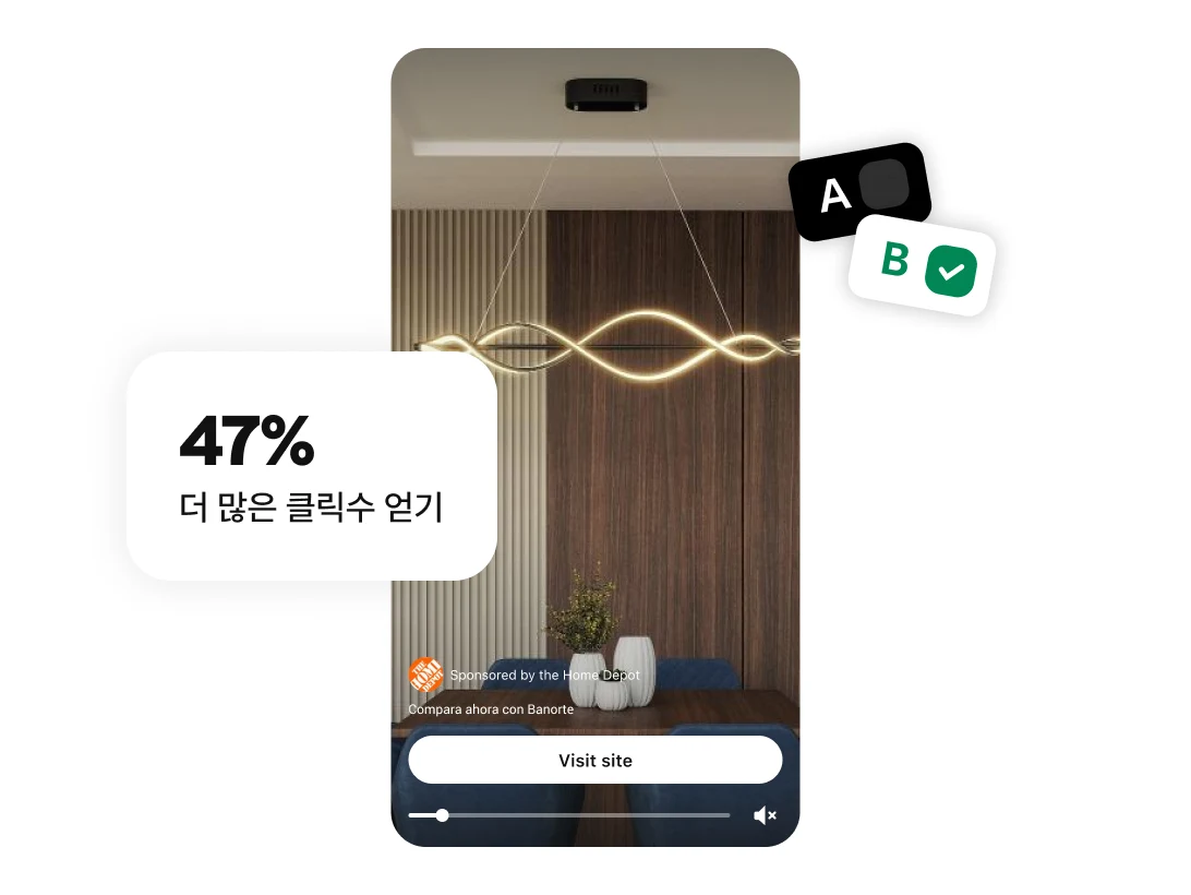 사이트 방문 링크, A/B 테스트 레이블, 클릭 수 47% 증가 레이블과 함께 금색 물결무늬 펜던트 조명이 표시된 스마트폰 화면
