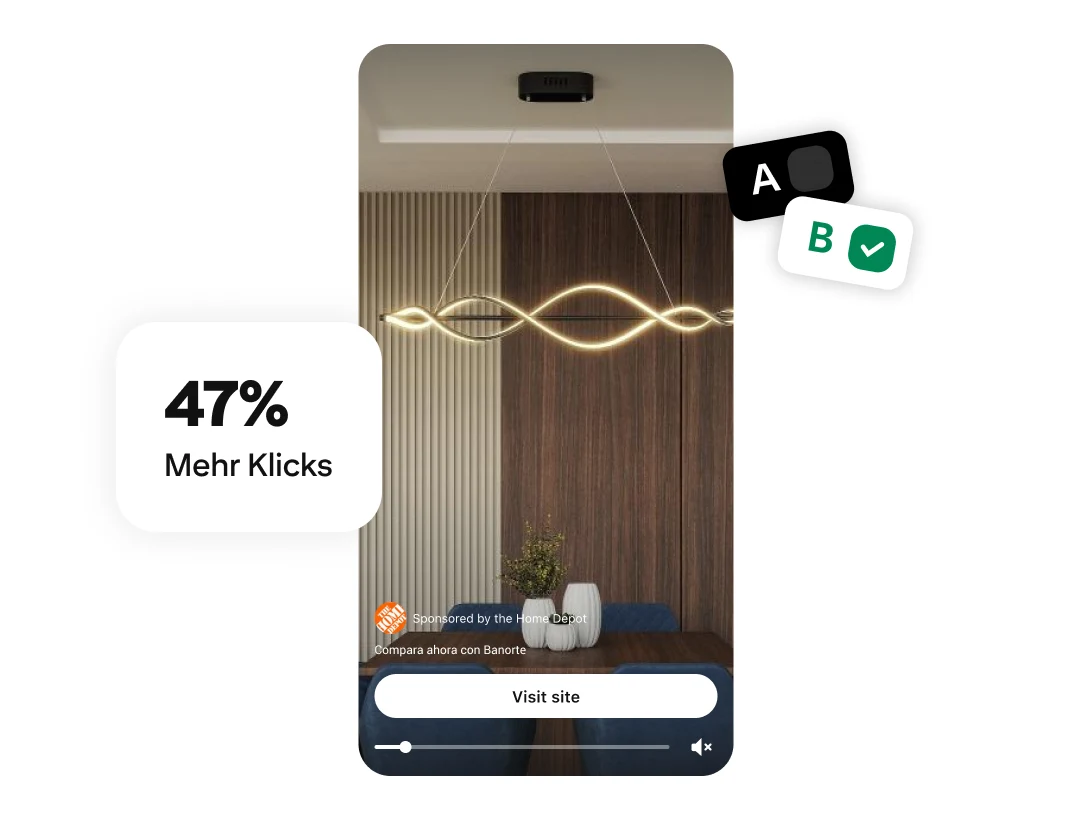 Smartphone-Bildschirm mit einer goldenen, welligen Hängeleuchte, dem Link „Website besuchen“ sowie den Labels „A/B-Test“ und „47 % mehr Klicks“