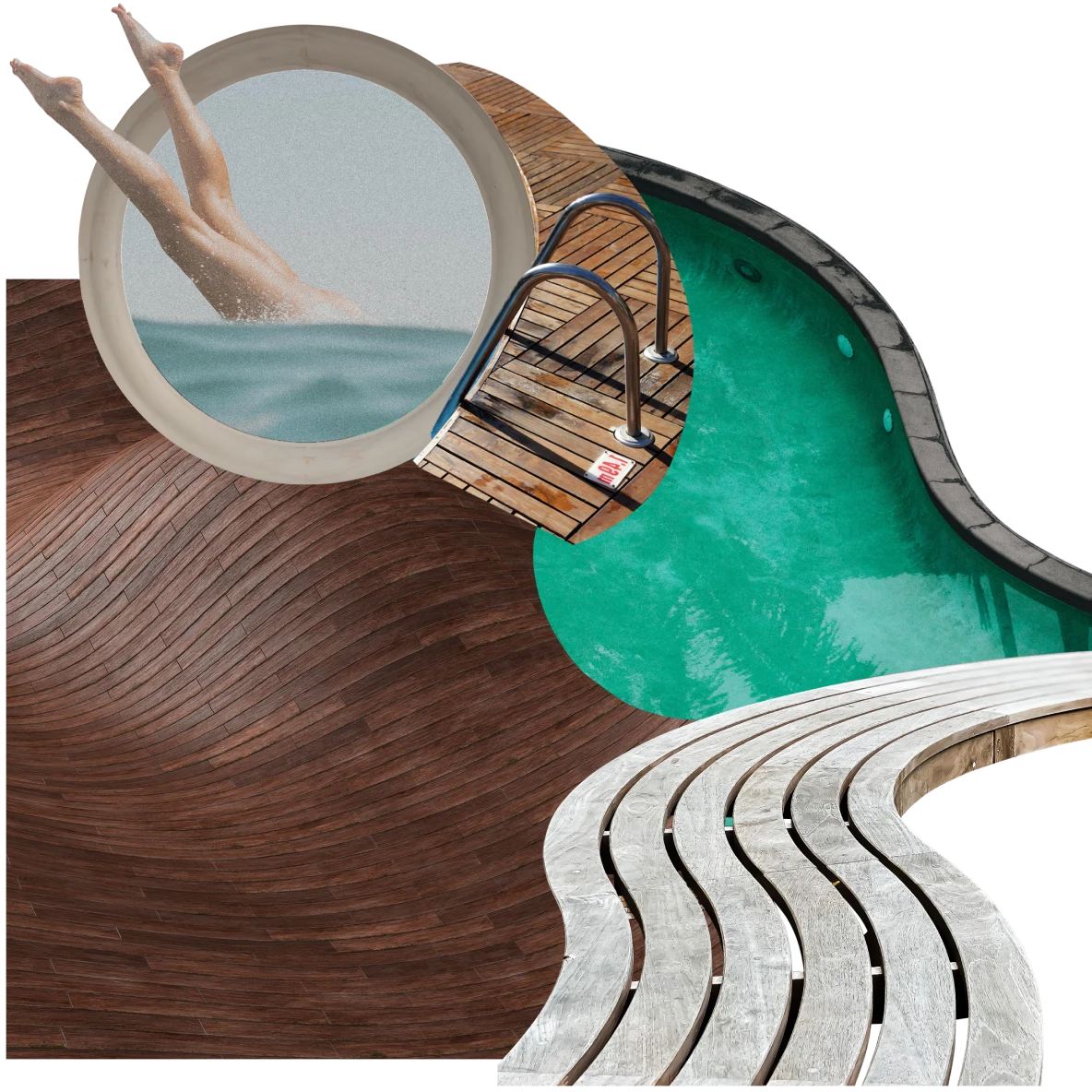 Collage de artículos relacionados con piscinas. Piernas sumergiéndose en el agua dentro de un jacuzzi redondo, desde una vista aérea. Pasarela curva, panel de madera oscura y borde de piscina.