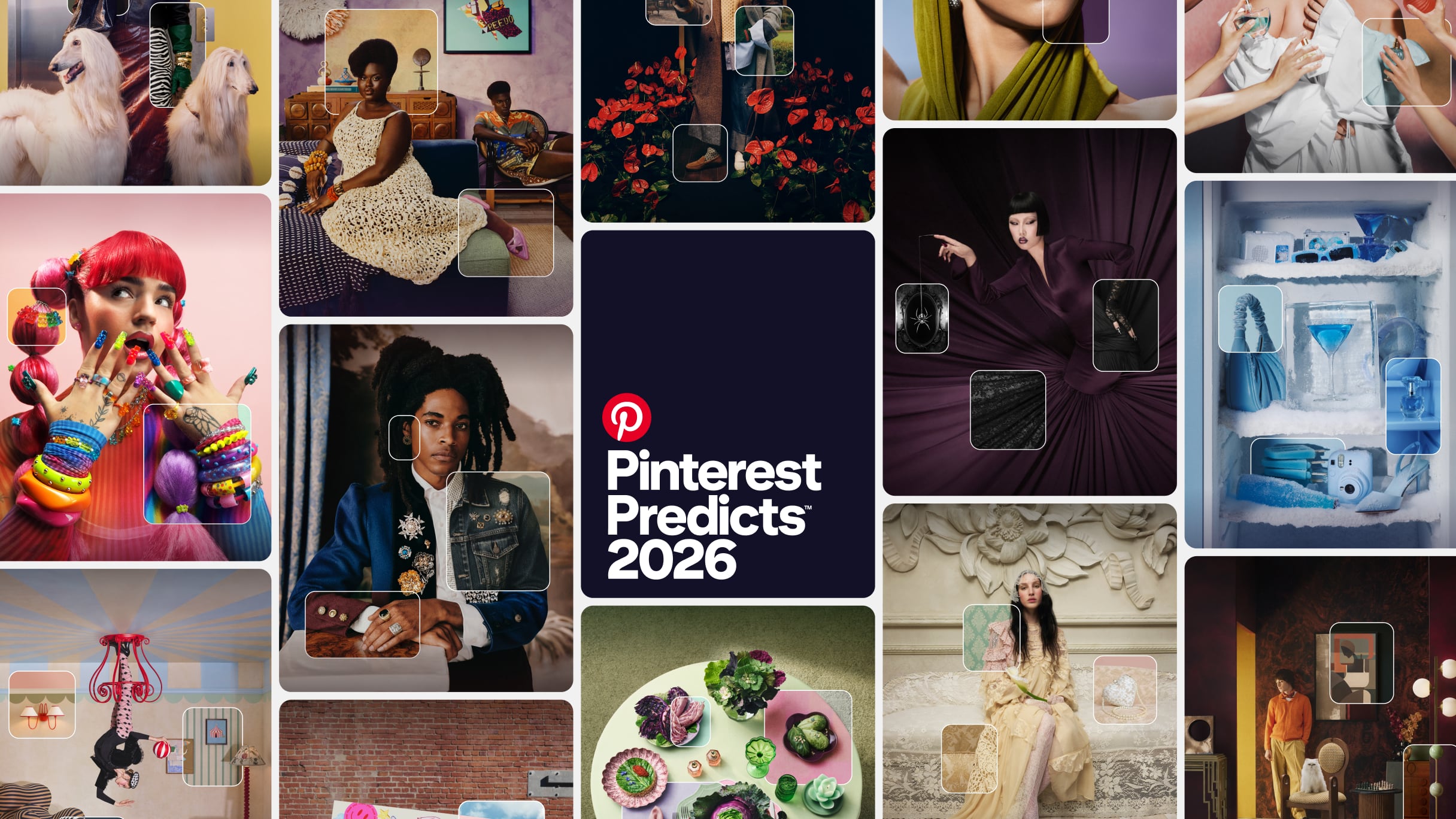 「ブローチ・リバイバル」や「ヴァンパイア・ムード」など、Pinterest Predicts 2026 のトレンドを格子状に並べた画像。中央にダークブルーの長方形があり、白いフォントで「Pinterest Predicts 2026」と書かれています。