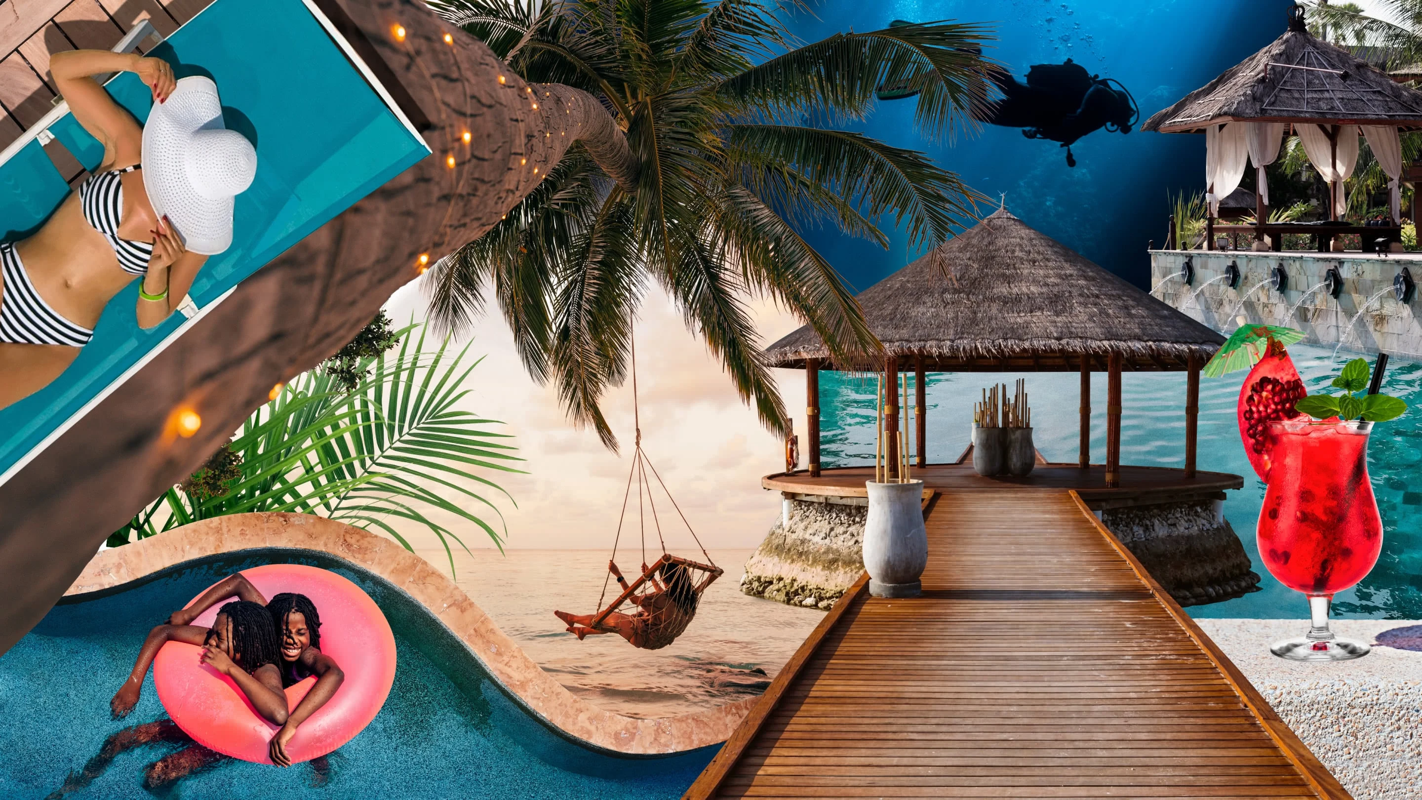 Collage of holiday spots. On the top left, a white woman is sunbathing in a bikini. On the bottom left, two Black children are on a pink inflatable. In the centre, a woman is swinging on a macramé swing in the distance. A bohio. At the top right, there is a scuba diver and at the bottom right there is a pomegranate cocktail.
