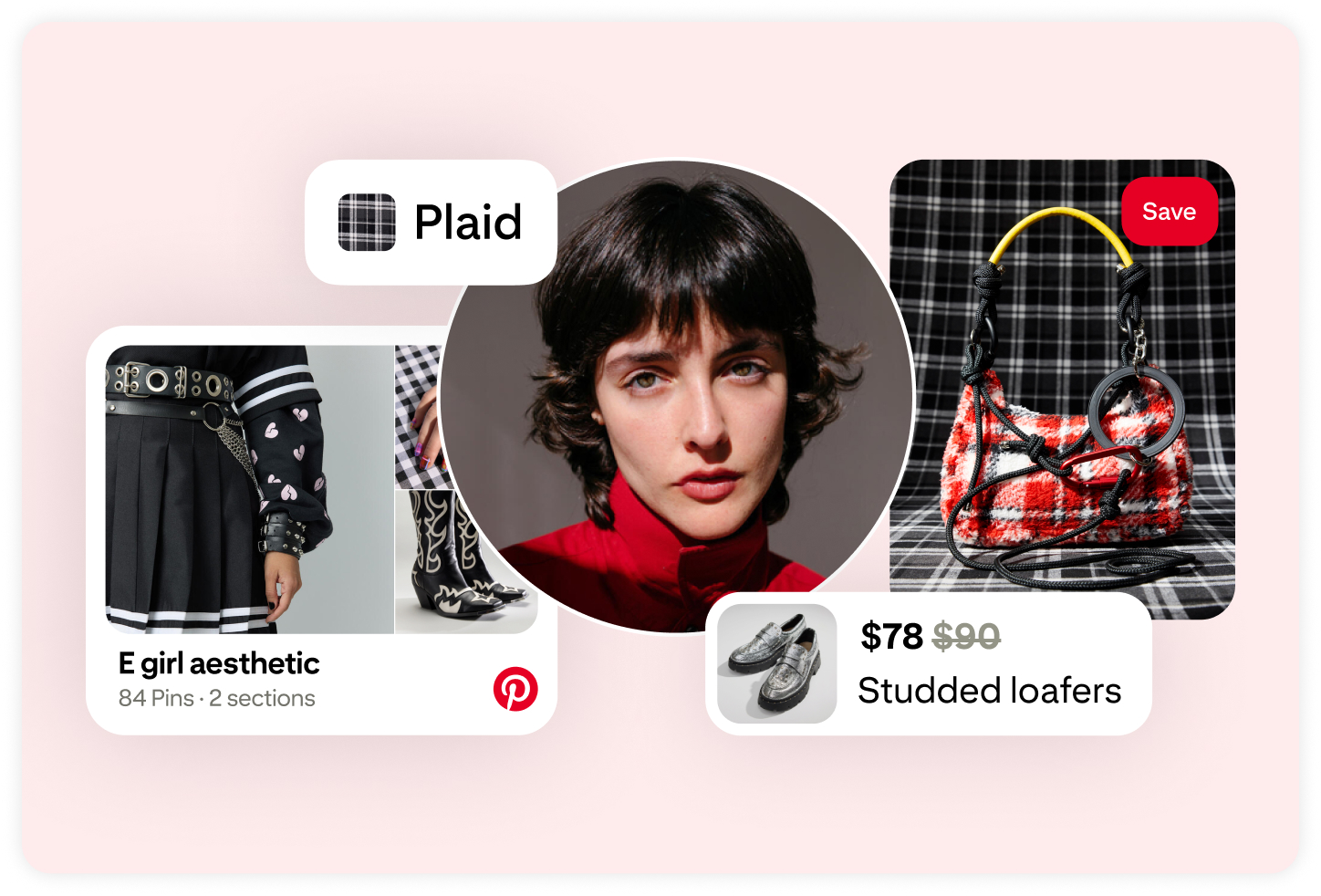 A profile picture of a user is surrounded by Pins for studded loafers, a plaid purse, and a board titled “E girl aesthetic”. 