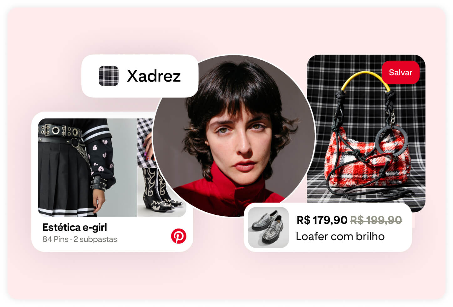 A foto de perfil está cercada por Pins de loafers com brilho, uma bolsa xadrez e uma pasta com o título "Estética e-girl". 