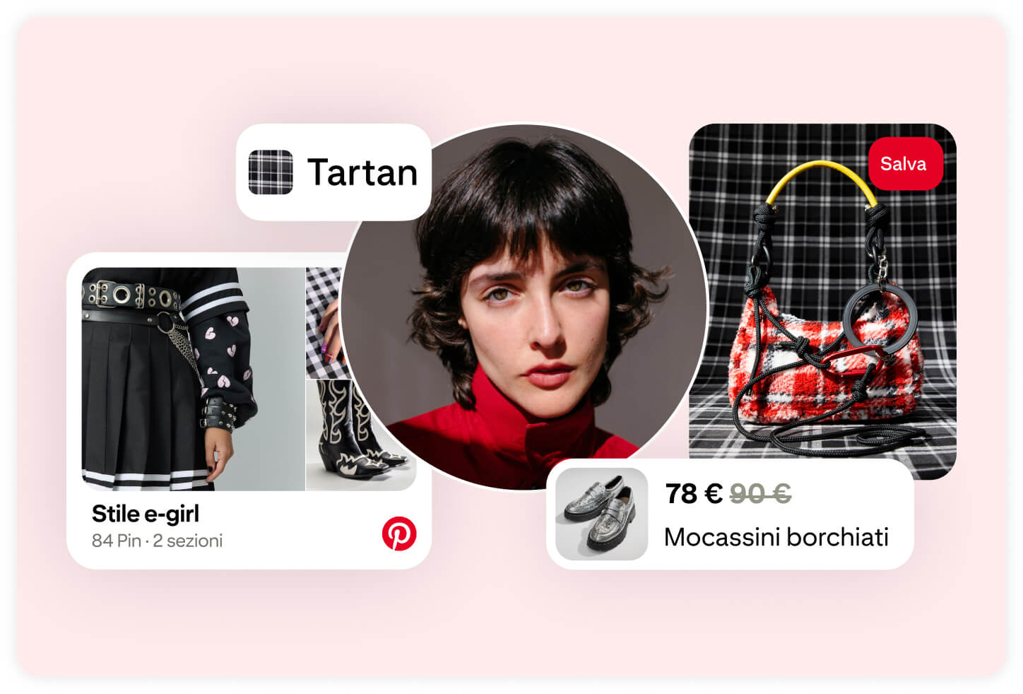 Immagine del profilo di un'utente circondata da Pin con mocassini borchiati, una borsa tartan e una bacheca intitolata "Estetica e-girl". 