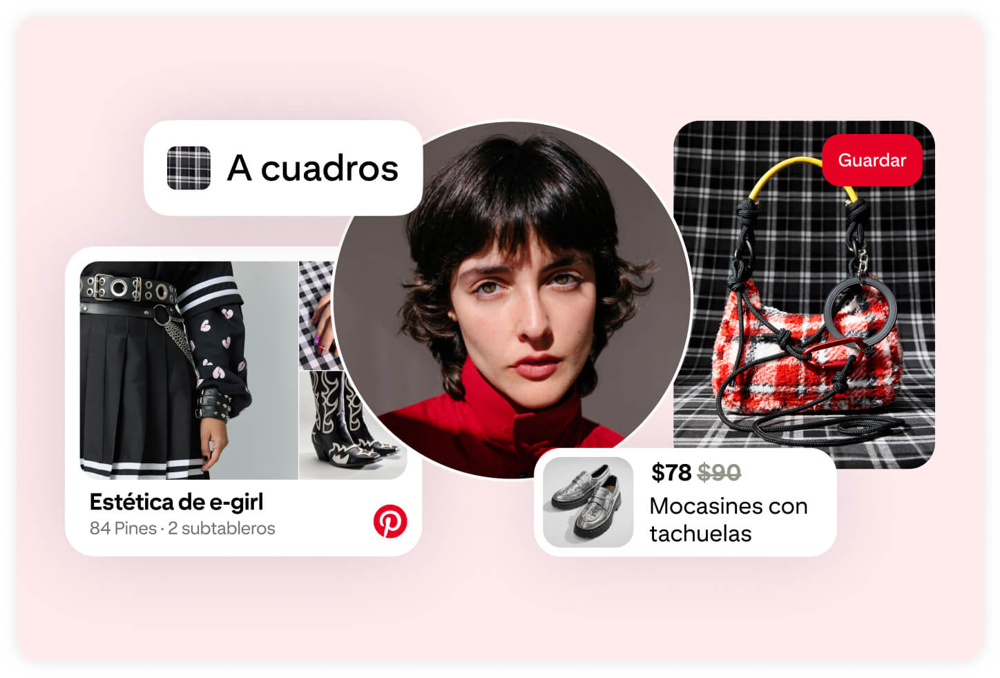 Una foto del perfil de un usuario está rodeada de Pines de mocasines con tachuelas, un bolso a cuadros y un tablero con el título “Estética de e-girl”. 