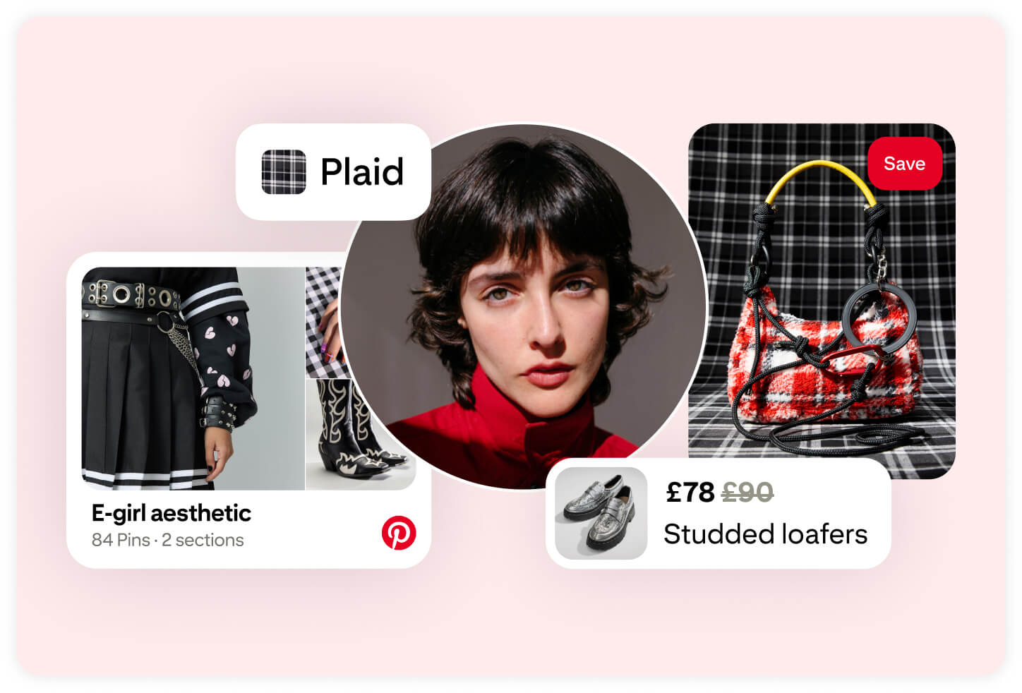 A profile picture of a user is surrounded by Pins for studded loafers, a plaid bag and a board titled ‘E-girl aesthetic’. 