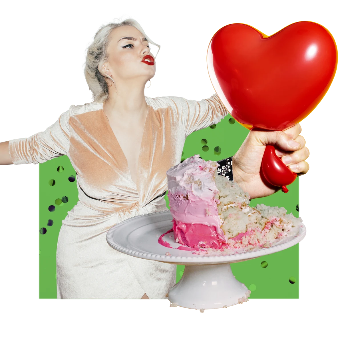 Collage con temática de fiesta. A la izquierda, baila una mujer de piel clara con cabello rubio, lápiz labial rojo brillante y vestido rosa. Hay un pastel rosa a medio comer sobre una bandeja blanca. Una mano de piel blanca aprieta la parte inferior de un globo con forma de corazón.