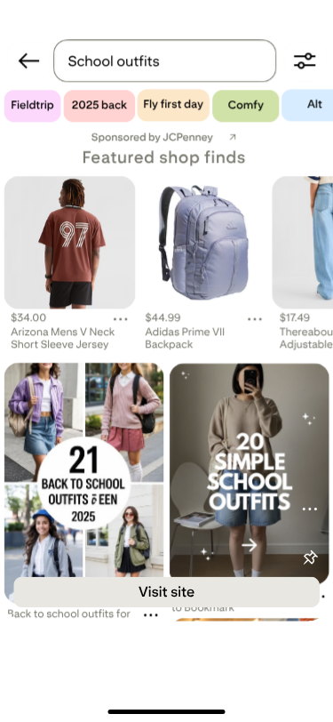 Search results for "School outfits" show featured shop items, including a maroon jersey, gray backpack, and light jeans. Highlighted are back-to-school outfit ideas.