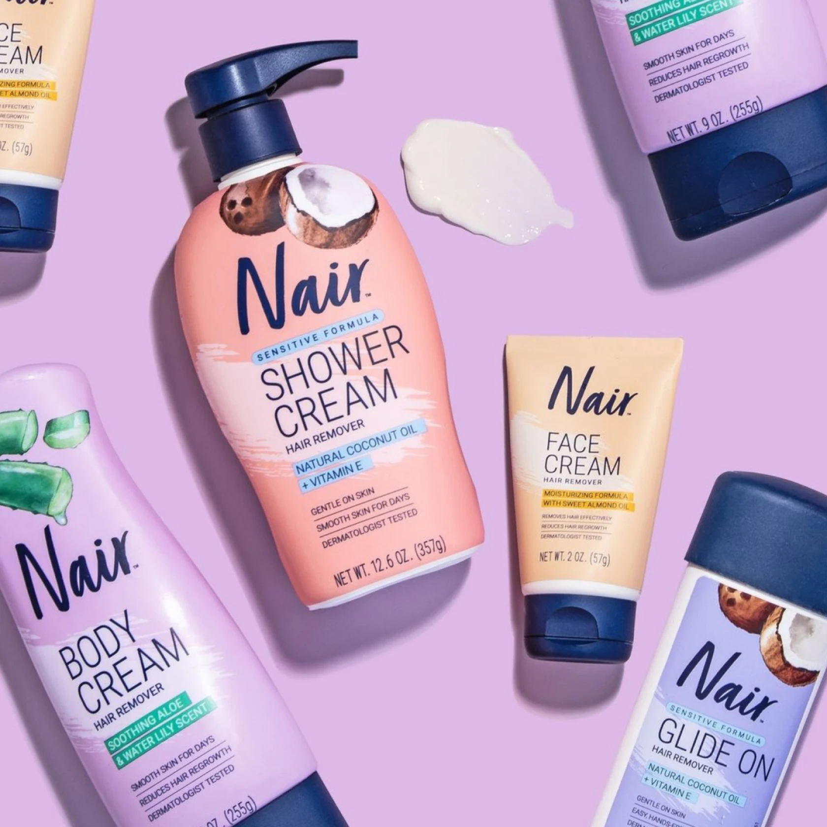Lay flat image of Nair products including shower cream and face cream 