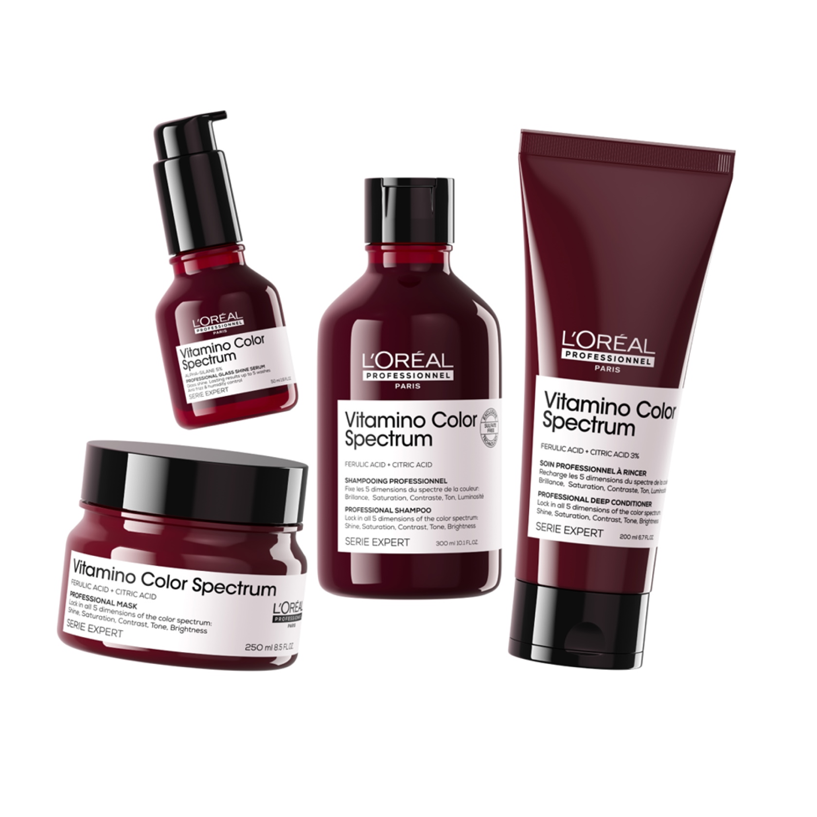 L'Oréal products line with 4 different products in tubes, jars, and bottles. 