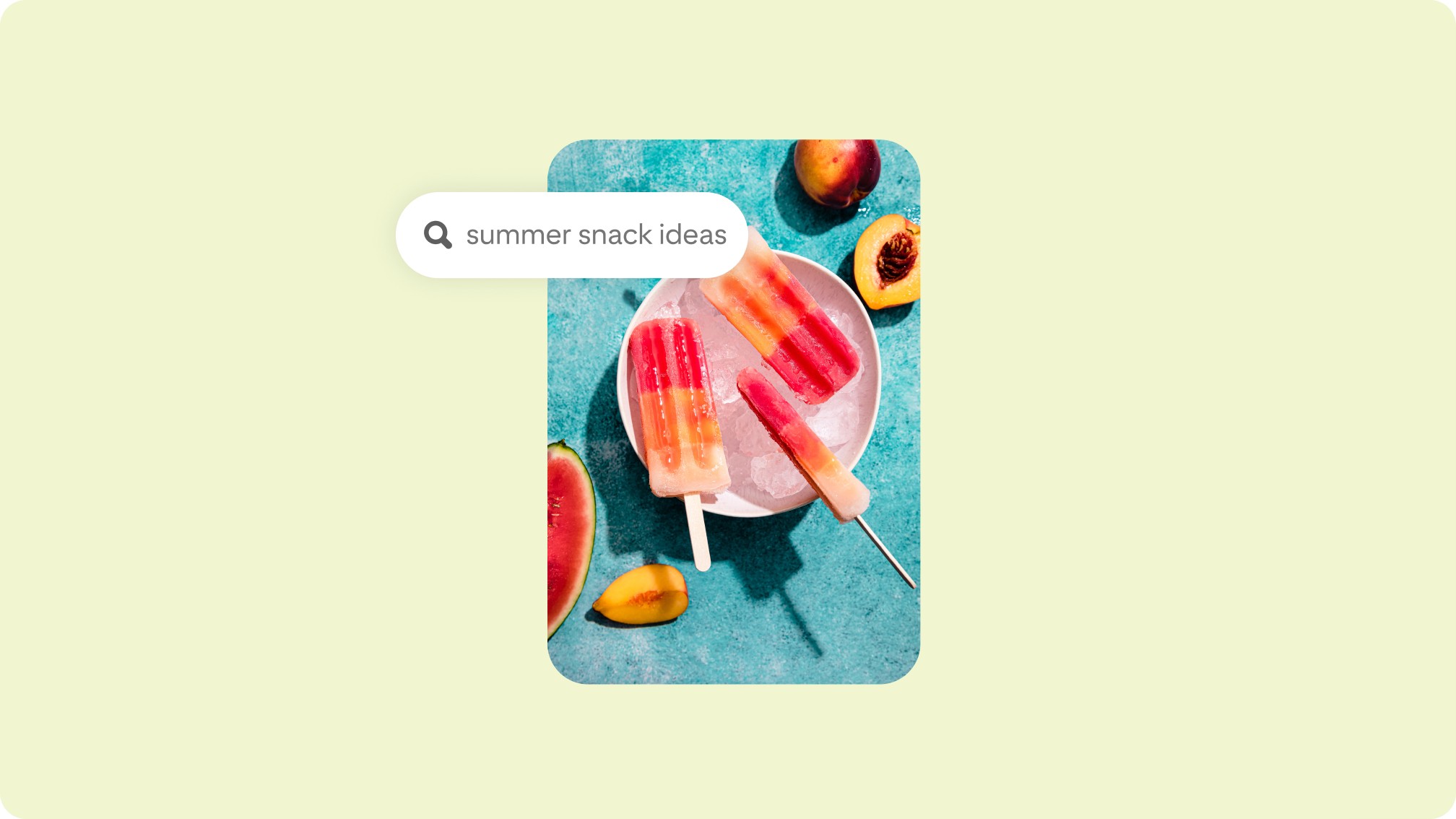 A bowl of popsicles on a green background with a Pinterest search for "summer snack ideas" displayed on the screen.