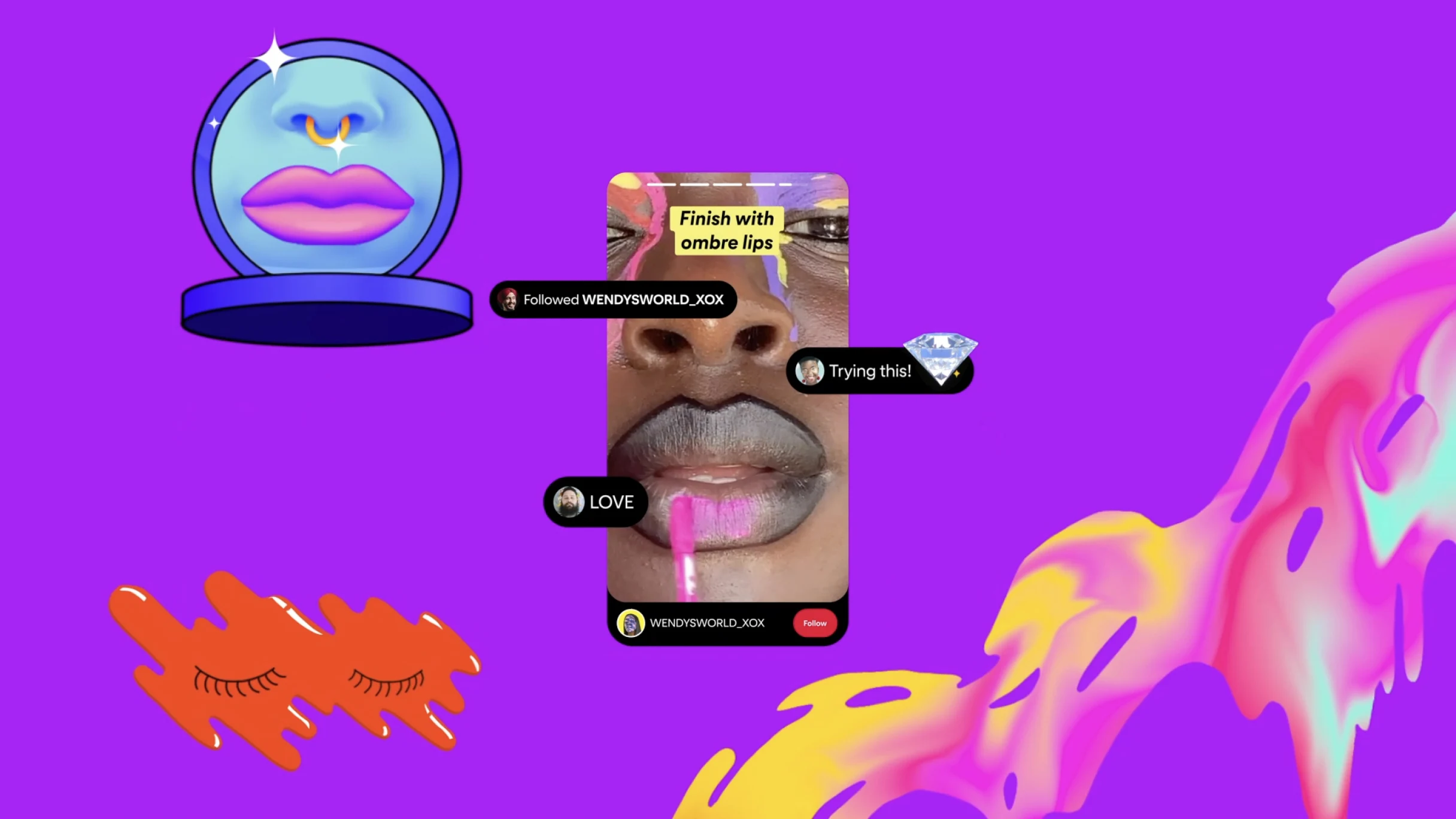 Bright, colorful backdrop featuring a Pin of a Black woman trying on pink lipstick, with follower reactions and the text overlay, finish with ombre lips