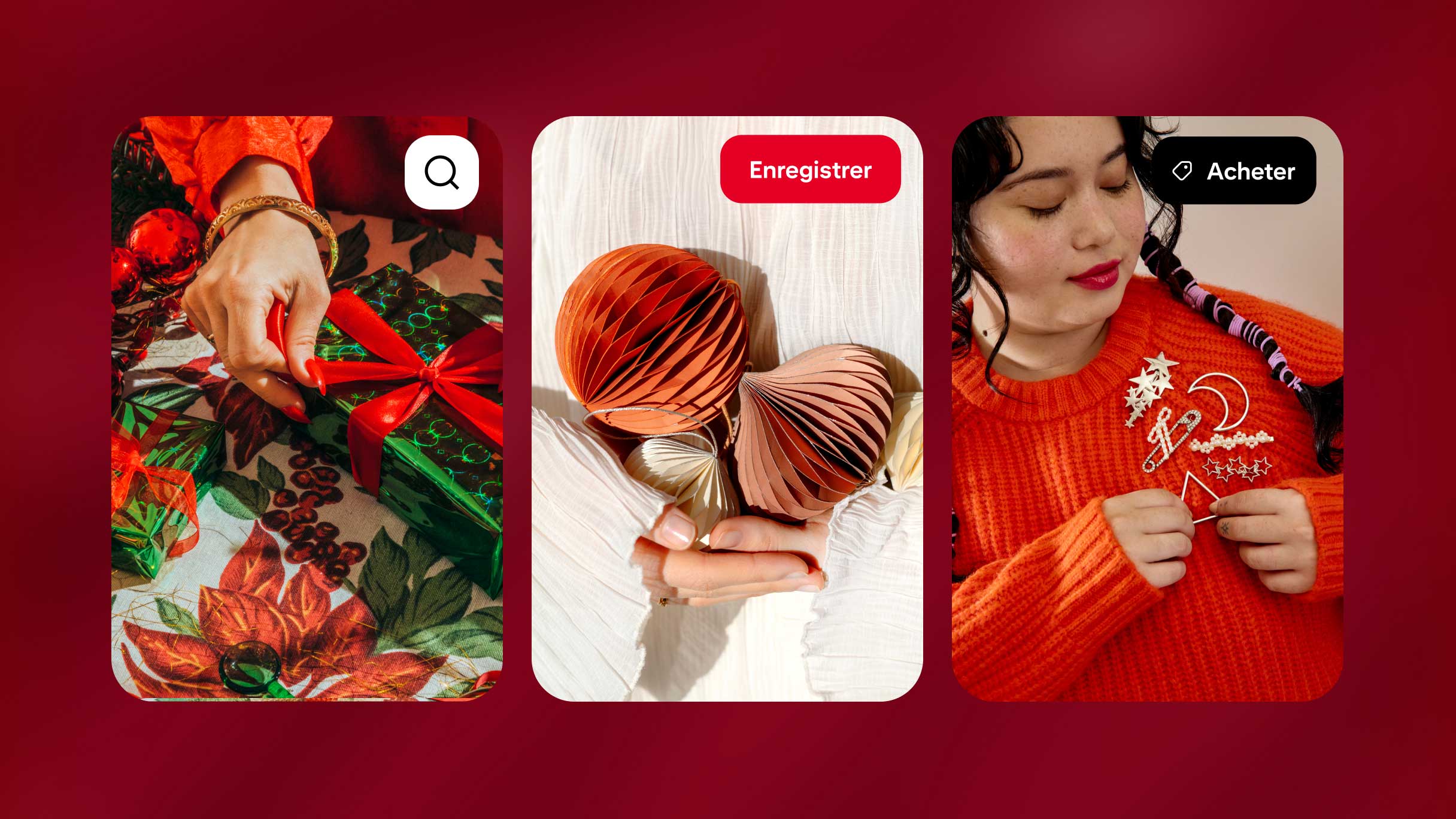 Trois Épingles fictives sur Pinterest : une main nouant un ruban rouge sur un coffret cadeau vert, des mains tenant des décorations en papier et une femme en pull orange épinglant des broches festives.